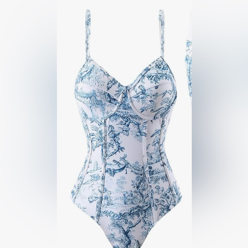 Blue and White Toile Corset swimsuit